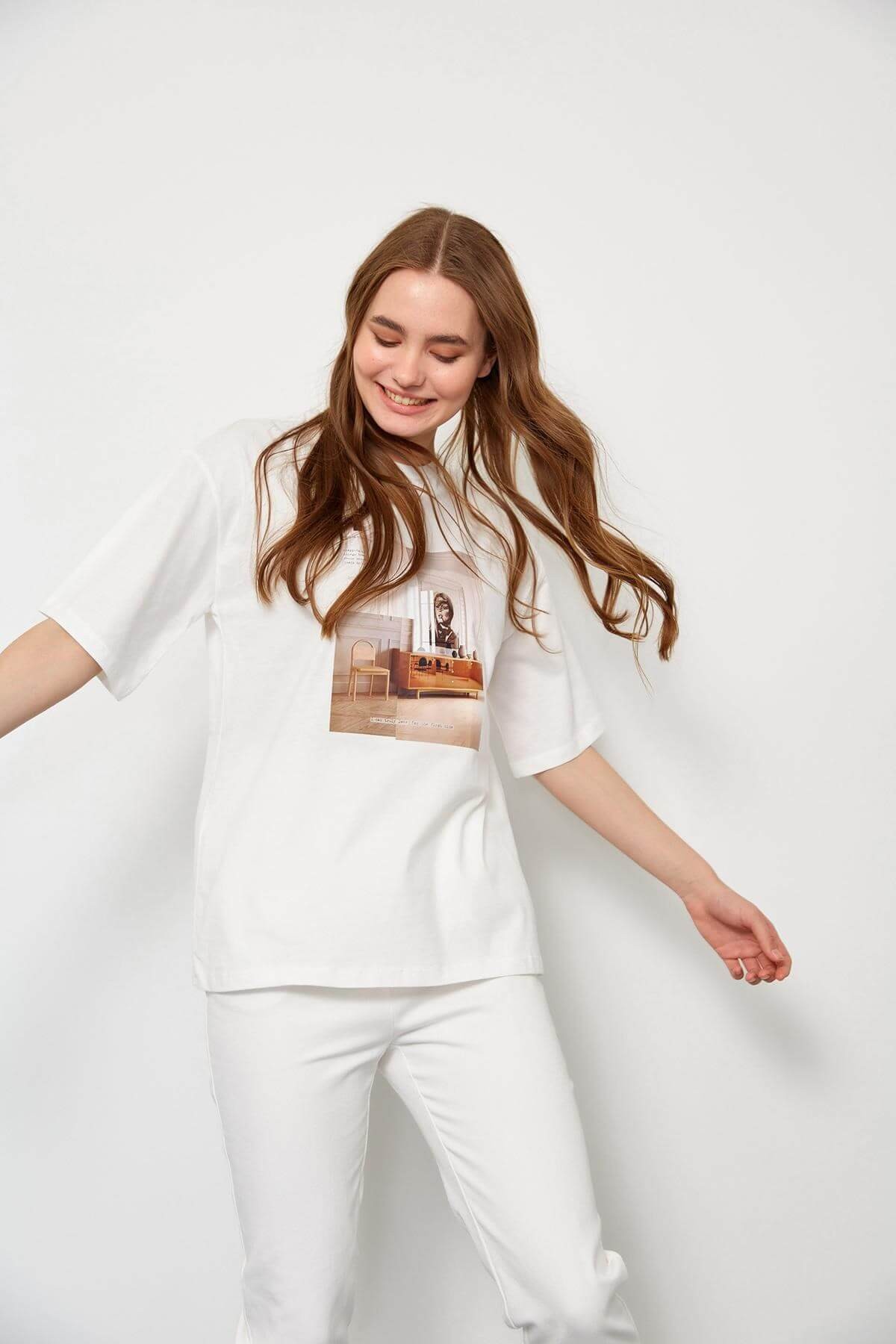 Ekru Kısa Kol Baskılı T-ShirtST060S71236002
