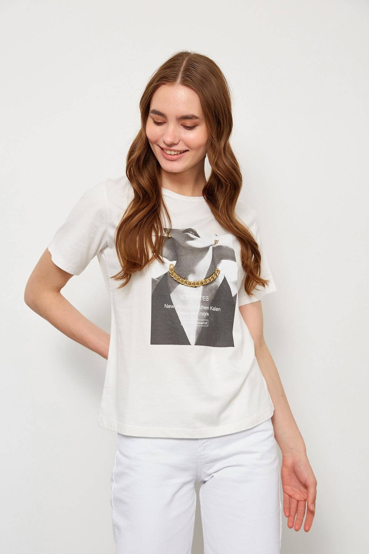 Ekru Kısa Kol Baskılı T-ShirtST060S71234001