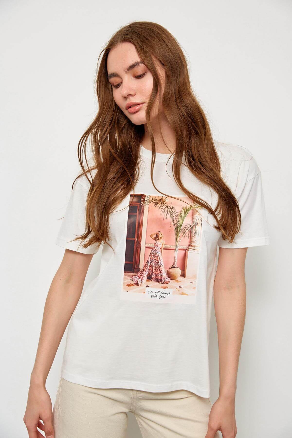 Ekru Kısa Kol Baskılı T-ShirtST060S71236001