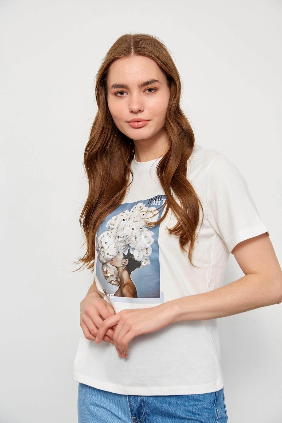 Ekru Kısa Kol Baskılı T-ShirtST060S71228003