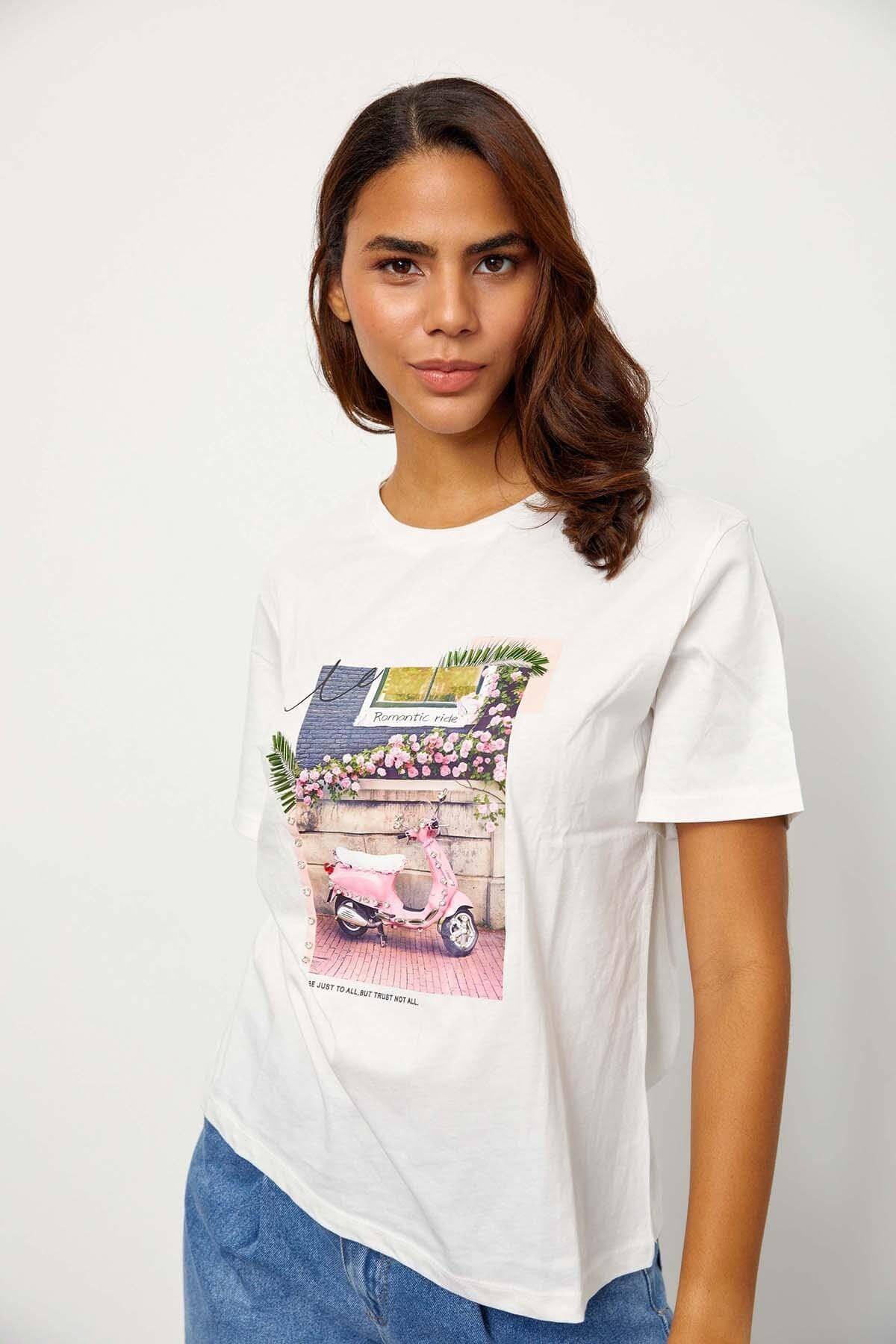 Ekru Kısa Kol Baskılı T-ShirtST060S71243005