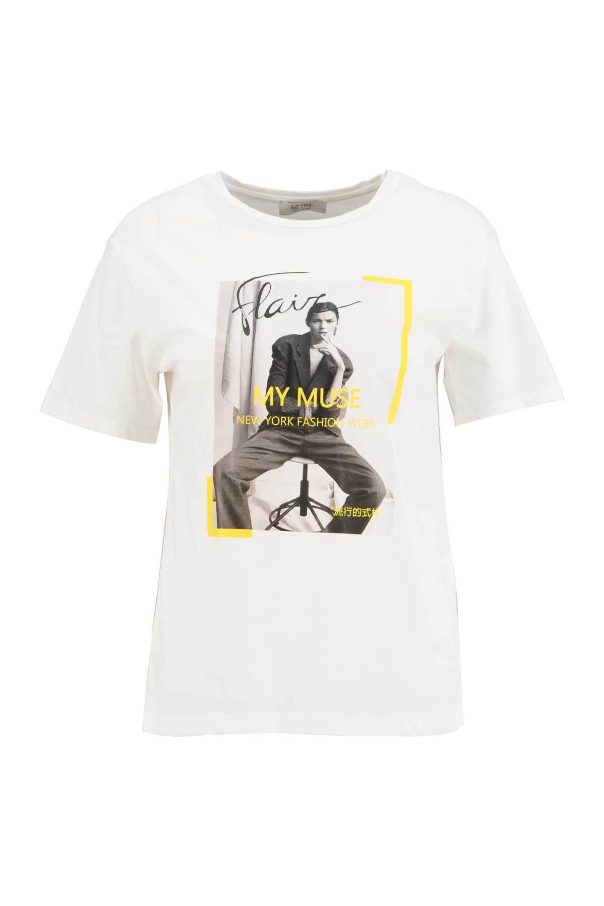 Ekru Kısa Kol Pamuk T-Shirt BaskılıST050S7114202