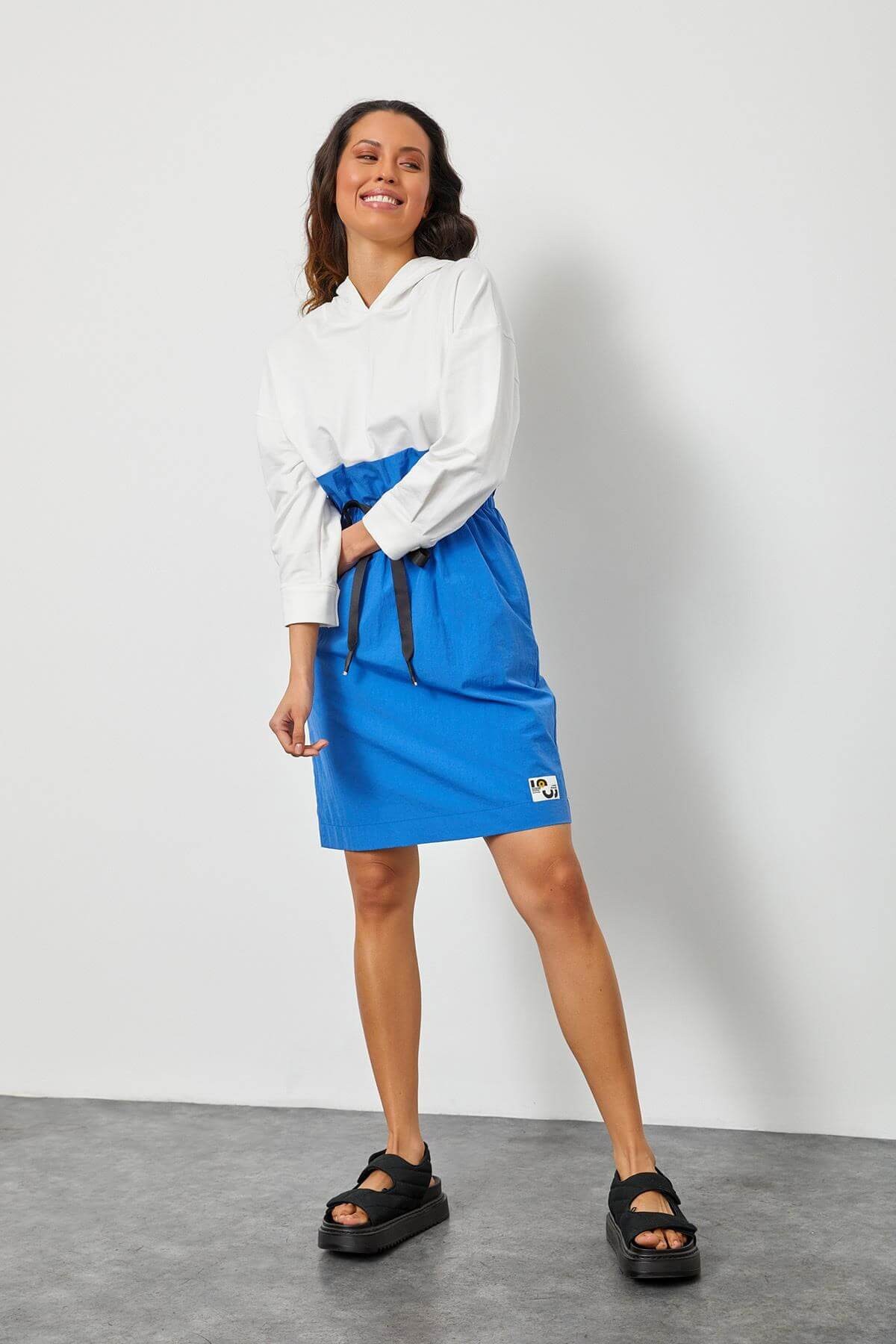 Ekru-Saks Kapüşonlu Sweatshirt ElbiseST060S40105901