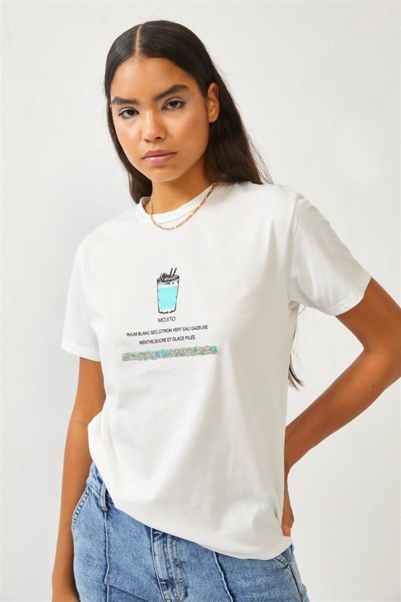 Ekru Slogan Baskılı T-ShirtST060S71278001