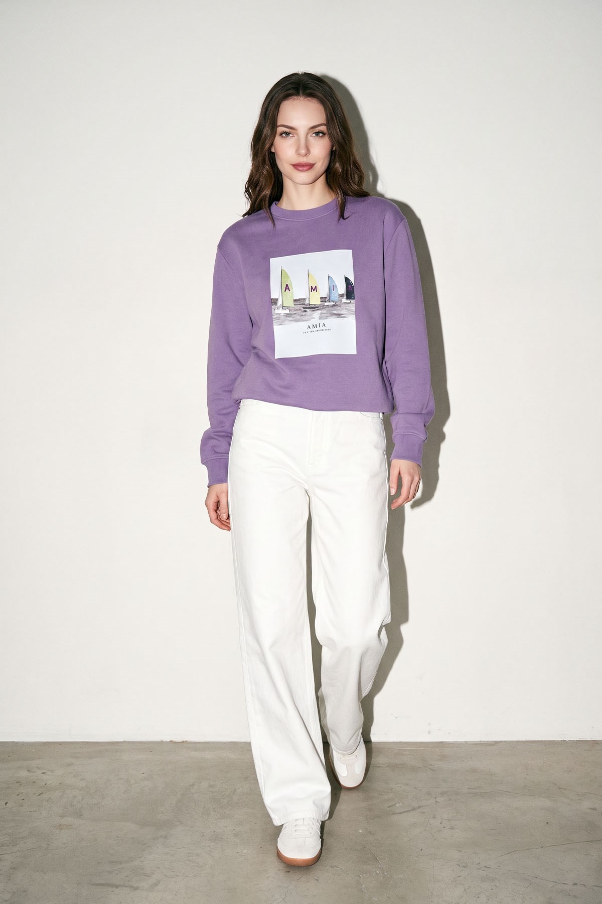 Lila Bisiklet Yaka Oversize Baskı Detaylı Sweatshirt