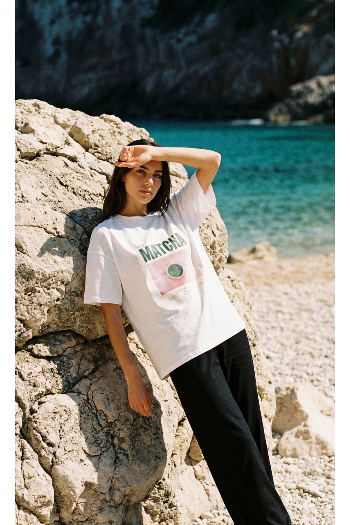 Ekru Amia&Co.Oversize Matcha Baskılı T-Shirt