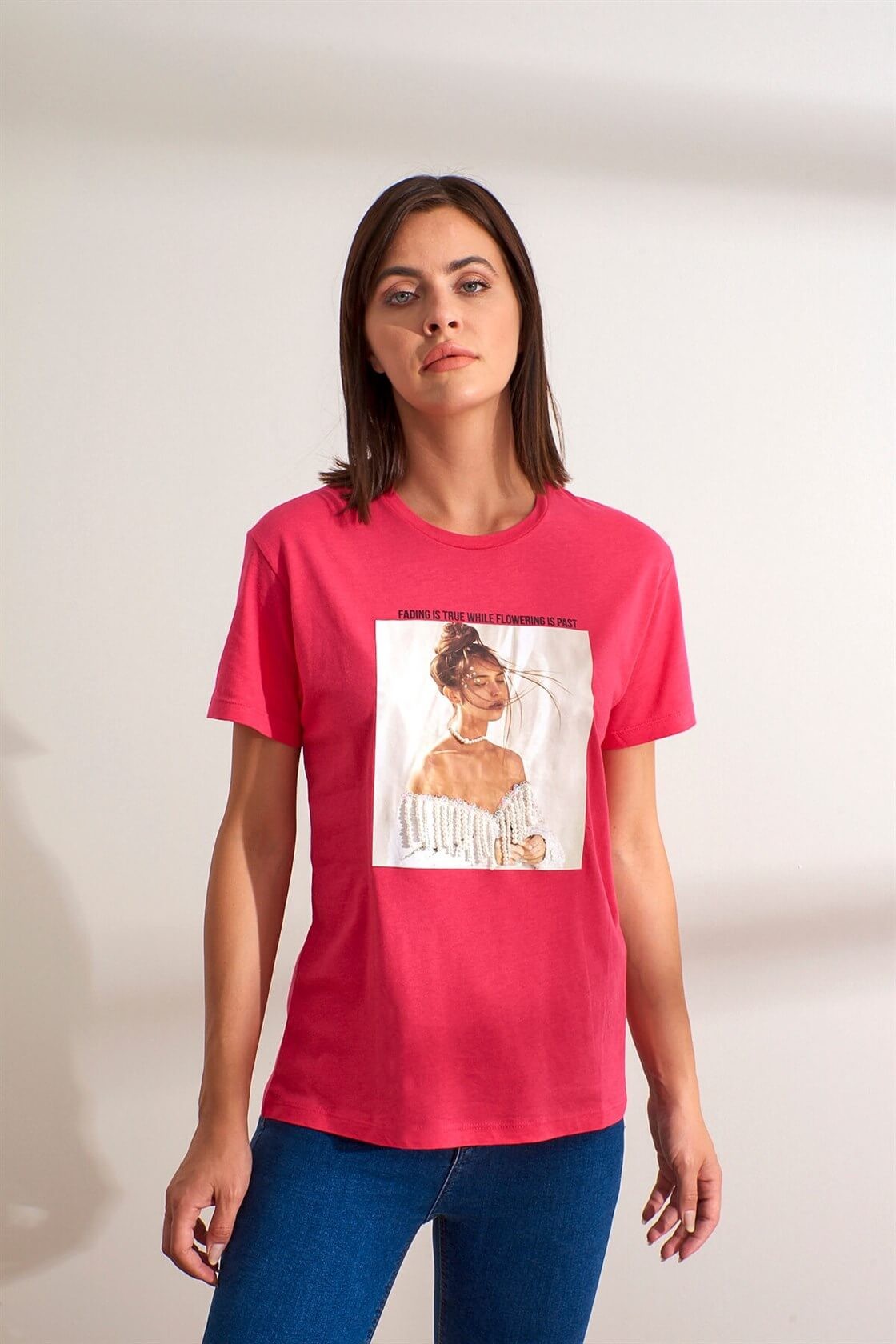 Fuşya Bisiklet Yaka Kısa Kol Baskılı Pamuk T-ShirtST050S7115101