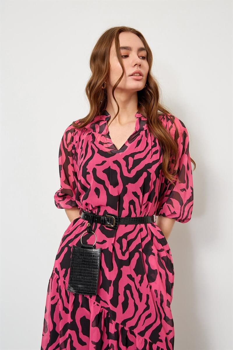 Fuşya Kemerli Zebra Desen ElbiseST060S40107502