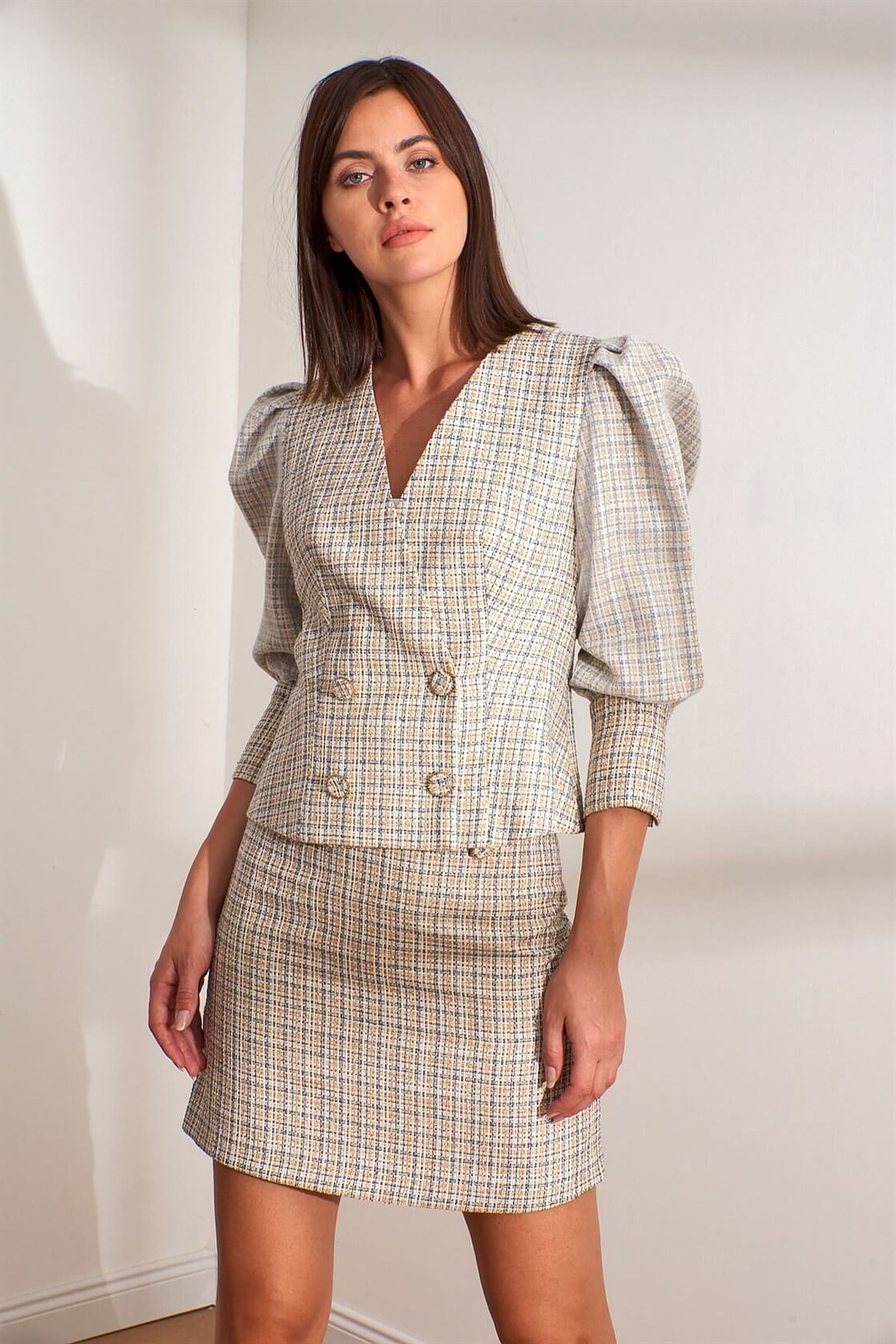 Grey-Yellow Mono Collar Long Sleeve Basen Boy Blazer Jacket