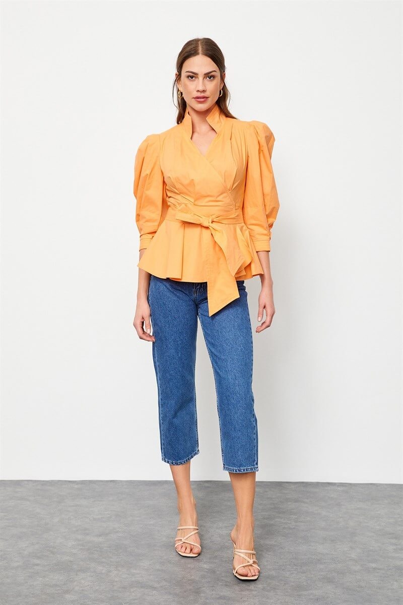 Güneş Turuncusu Bağcık Detaylı Poplin BluzST060S3051901
