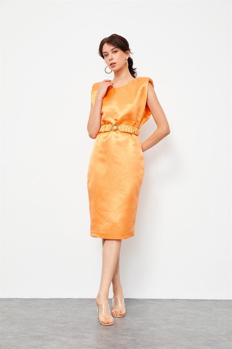 Güneş Turuncusu Keten Rayon Kemerli Parlak ElbiseST060S4097601