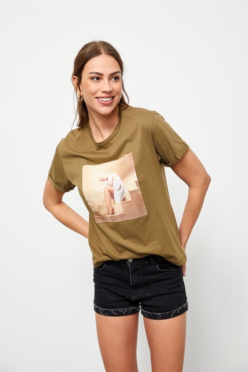 Haki Bisiklet Yaka Baskılı Pamuk T-ShirtST060S71160012