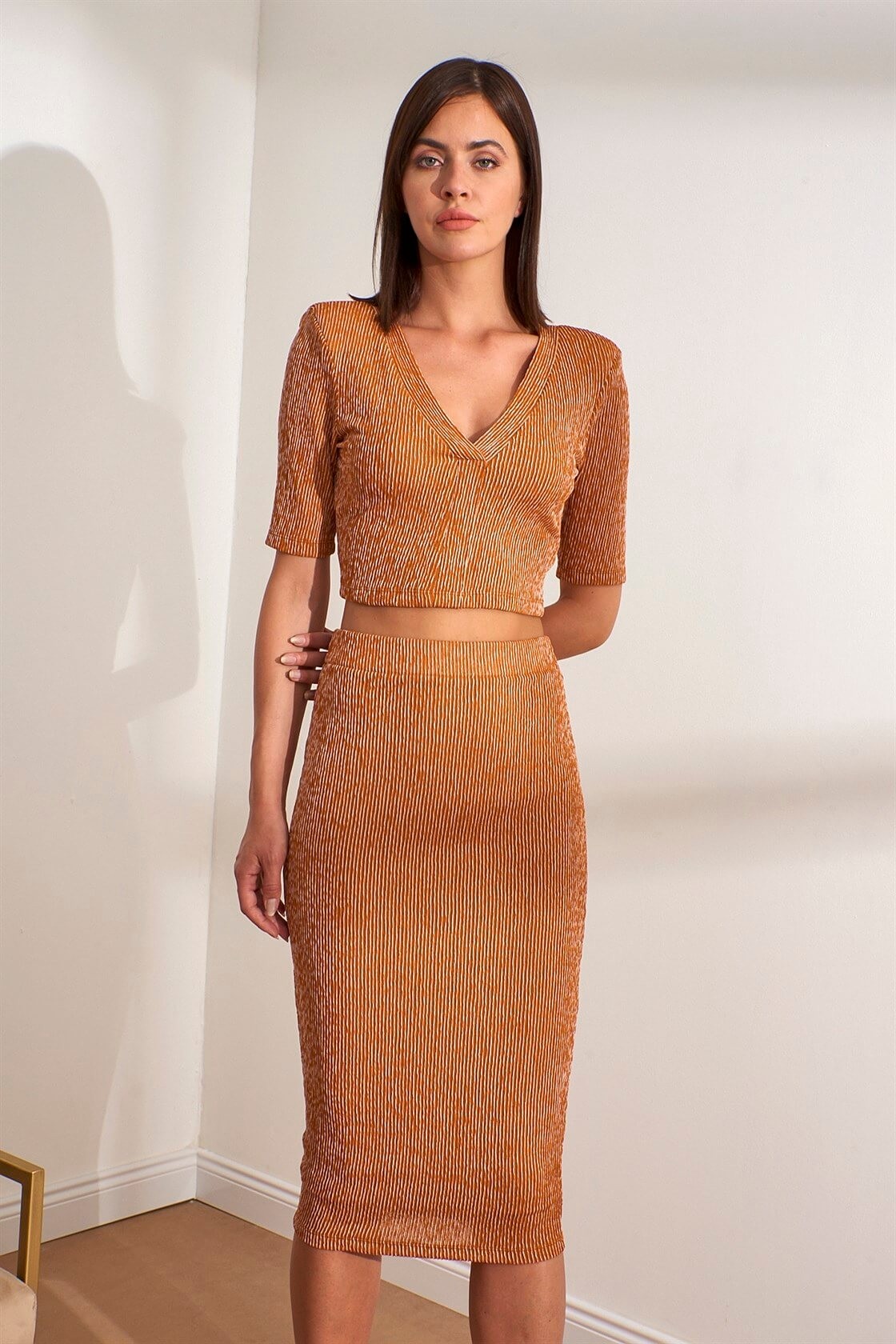 Kahve Kalem Etek Crop Bluz TakımST050W6104401
