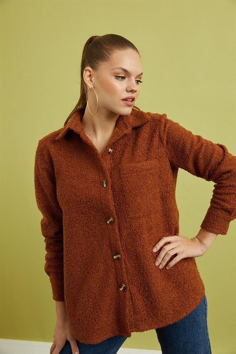 Kahve Peluş Düğme Detaylı GömlekST060W55244001
