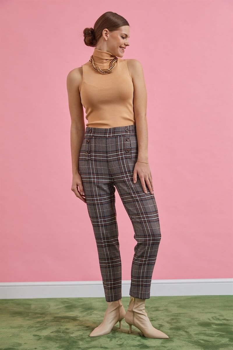 Kahve-Siyah Yüksek Bel Ekose PantolonST060W20625001