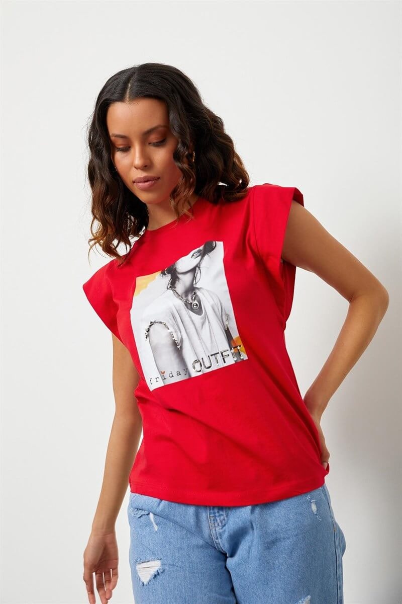Kırmızı Baskılı Bisiklet Yaka T-ShirtST060S71160005