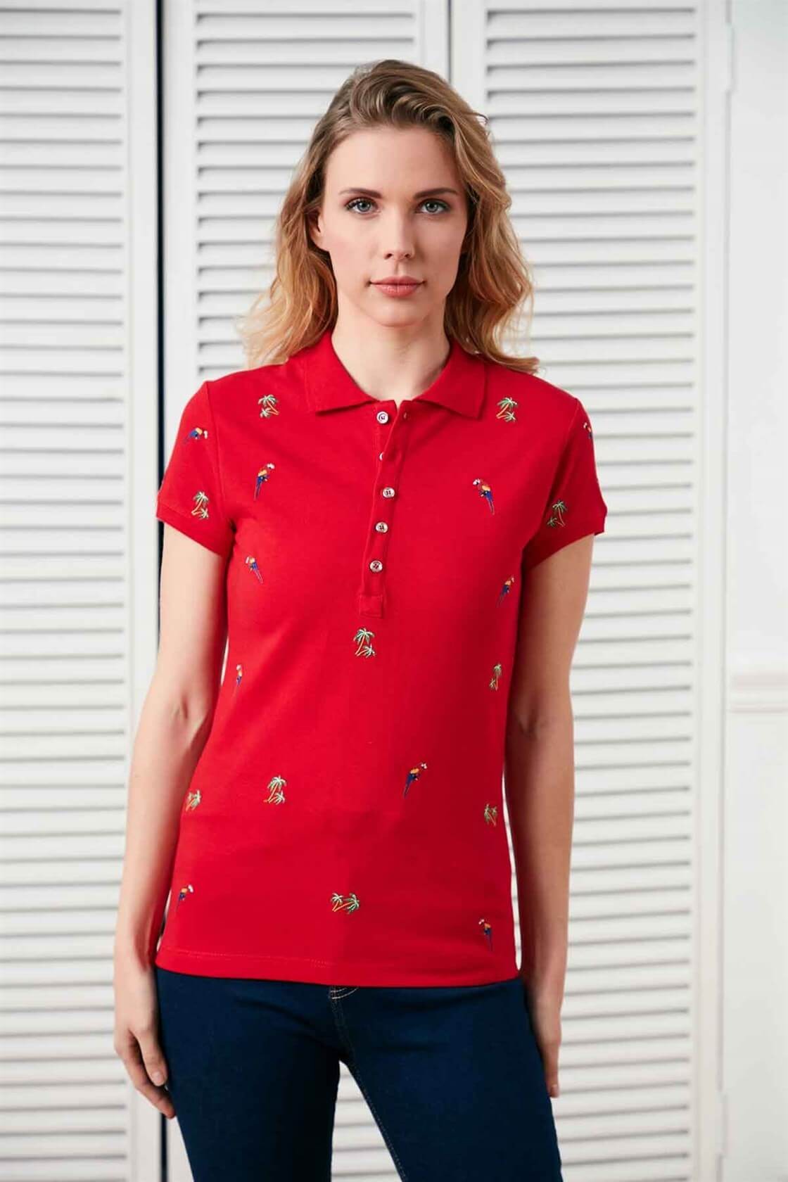 Kırmızı Kol Nakışlı Polo Yaka T-ShirtST050S7110801