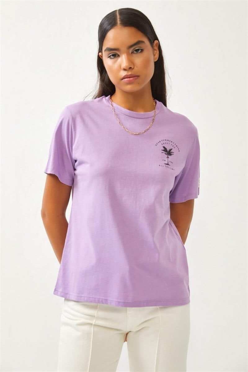 Lila Bisiklet Yaka Baskılı T-ShirtST060S71270001