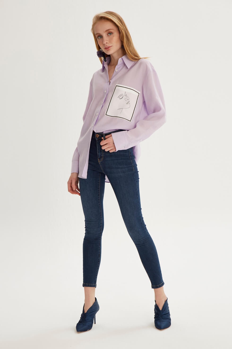 Lilac Maxi Collar Dress with Fabric Mix Sitting on the Waist and Waist