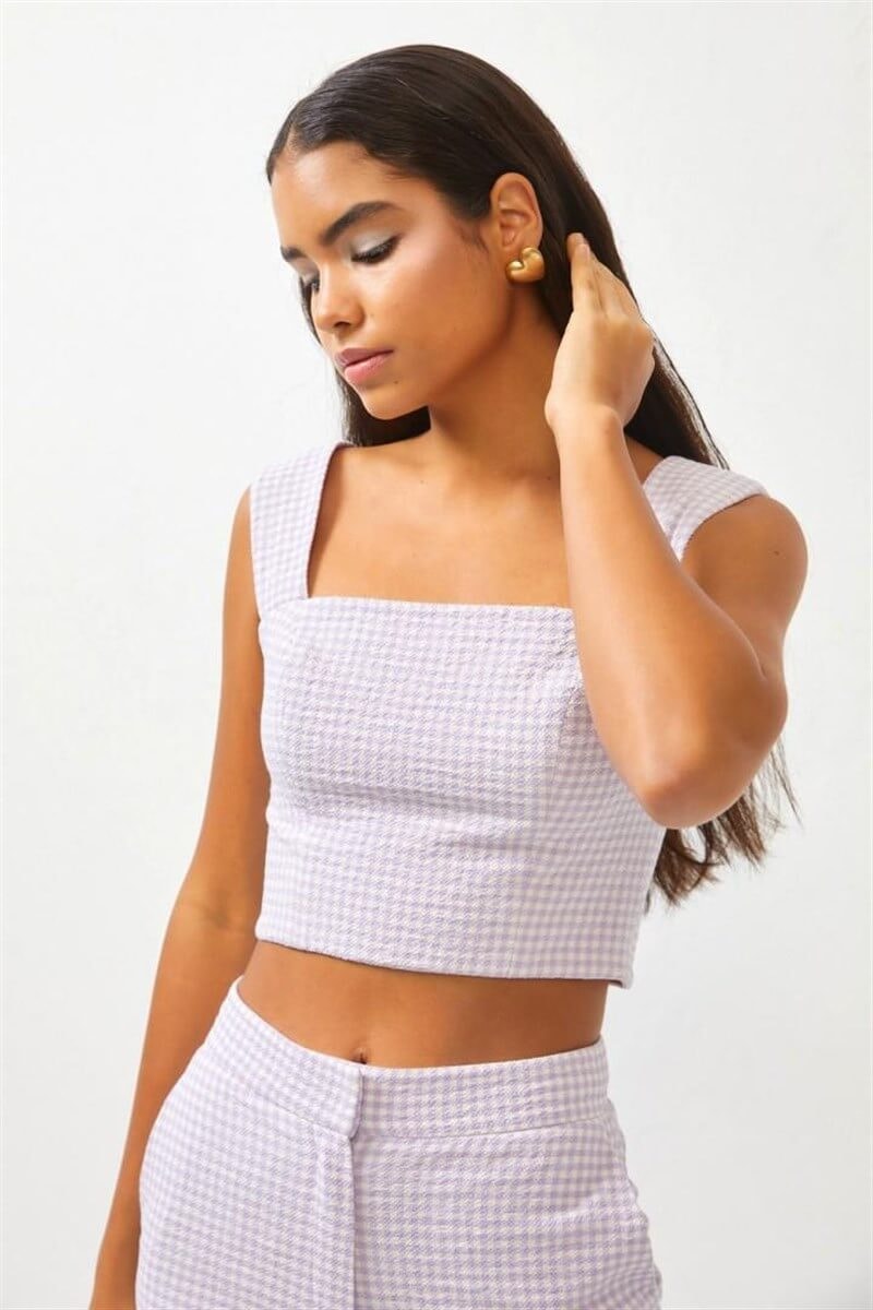 Lila Kare Yaka Pötikare Crop BluzST060S30682001