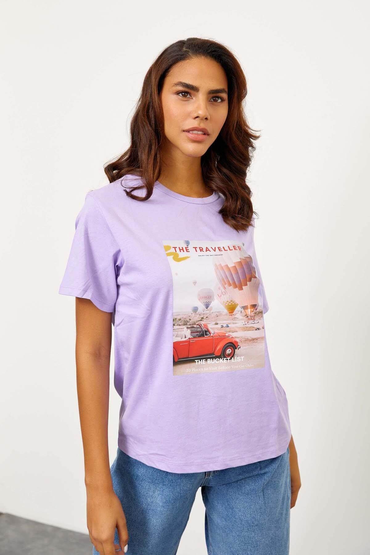 Lila Kısa Kol Baskılı T-ShirtST060S71243007