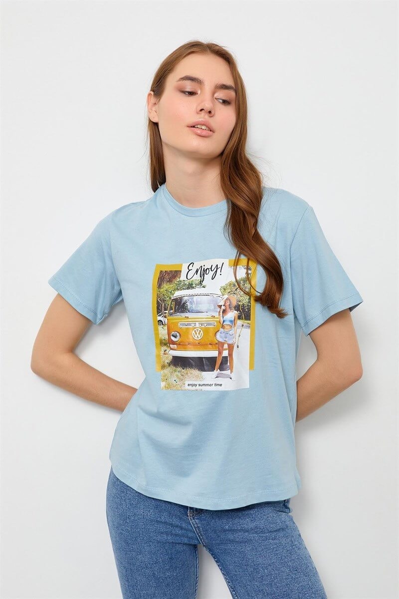 Mavi Baskılı Kısa Kol T-Shirt