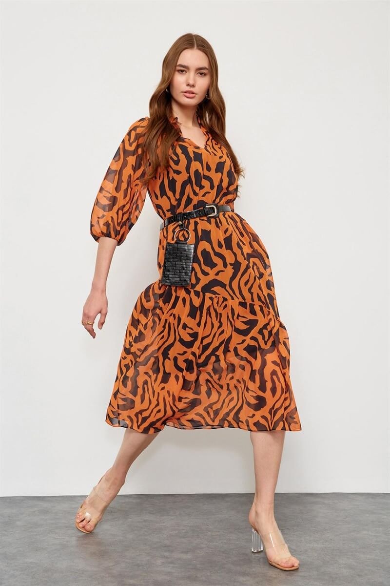 Oranj Kemerli Zebra Desen ElbiseST060S40107502