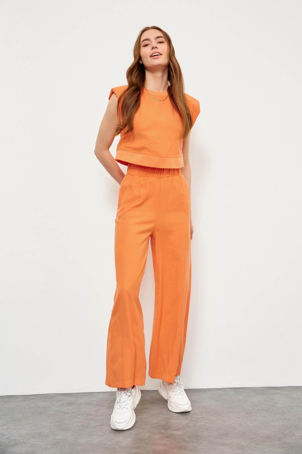 Oranj Yüksek Bel Pantolon Vatkalı Crop Top TakımST050S60065001