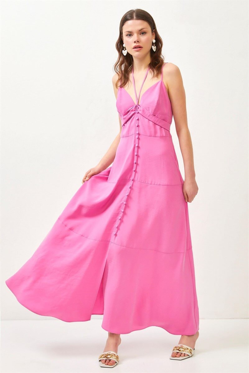 Pembe Askılı Maxi Volan ElbiseST060S40114501