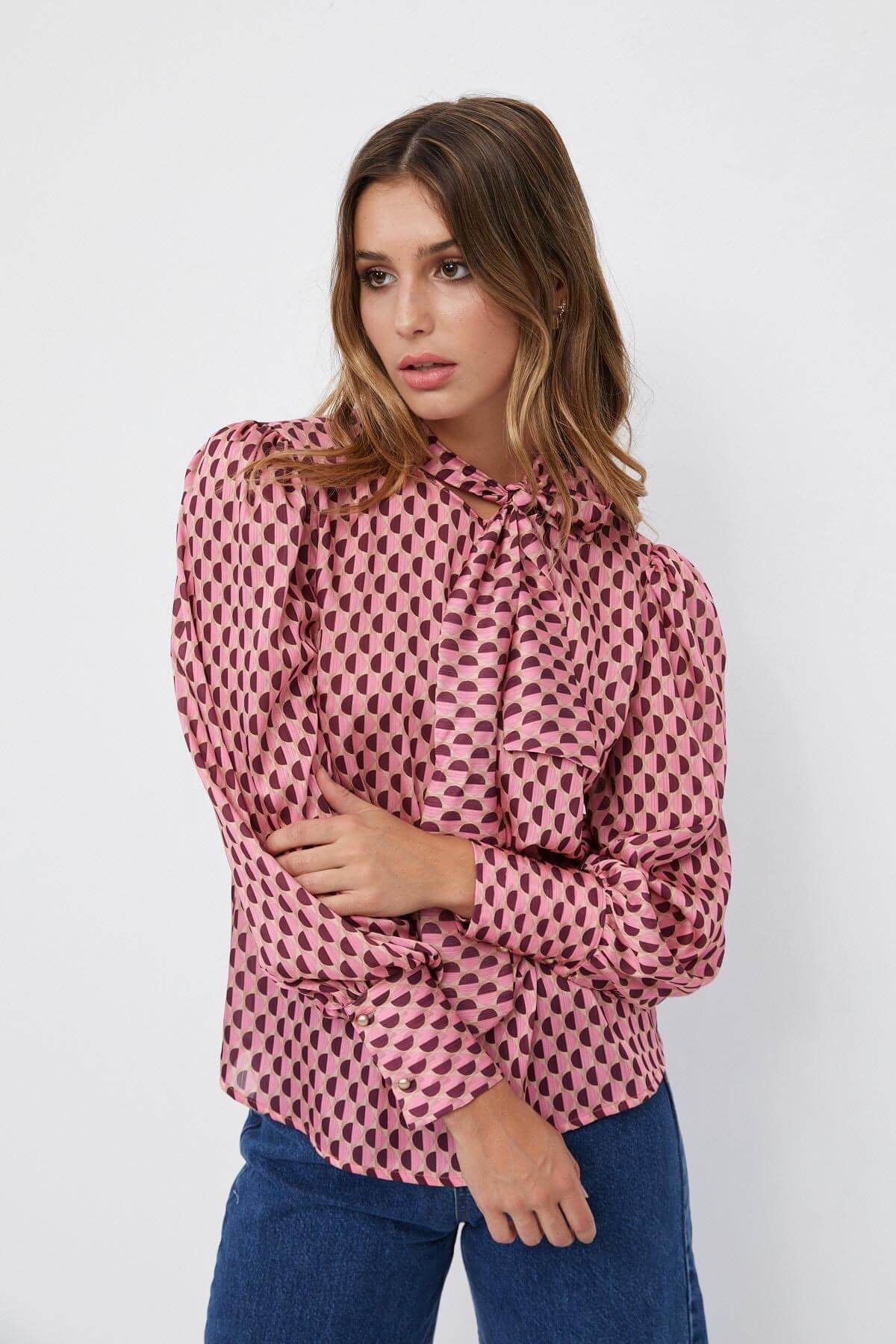 Pembe Fular Yaka Desenli BluzST060W30688001