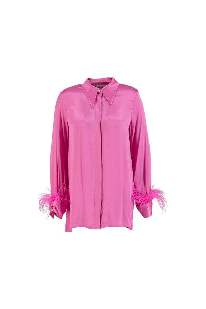 Pembe Manşetleri Tüy Detaylı Saten Görünümlü GömlekST070S55283001