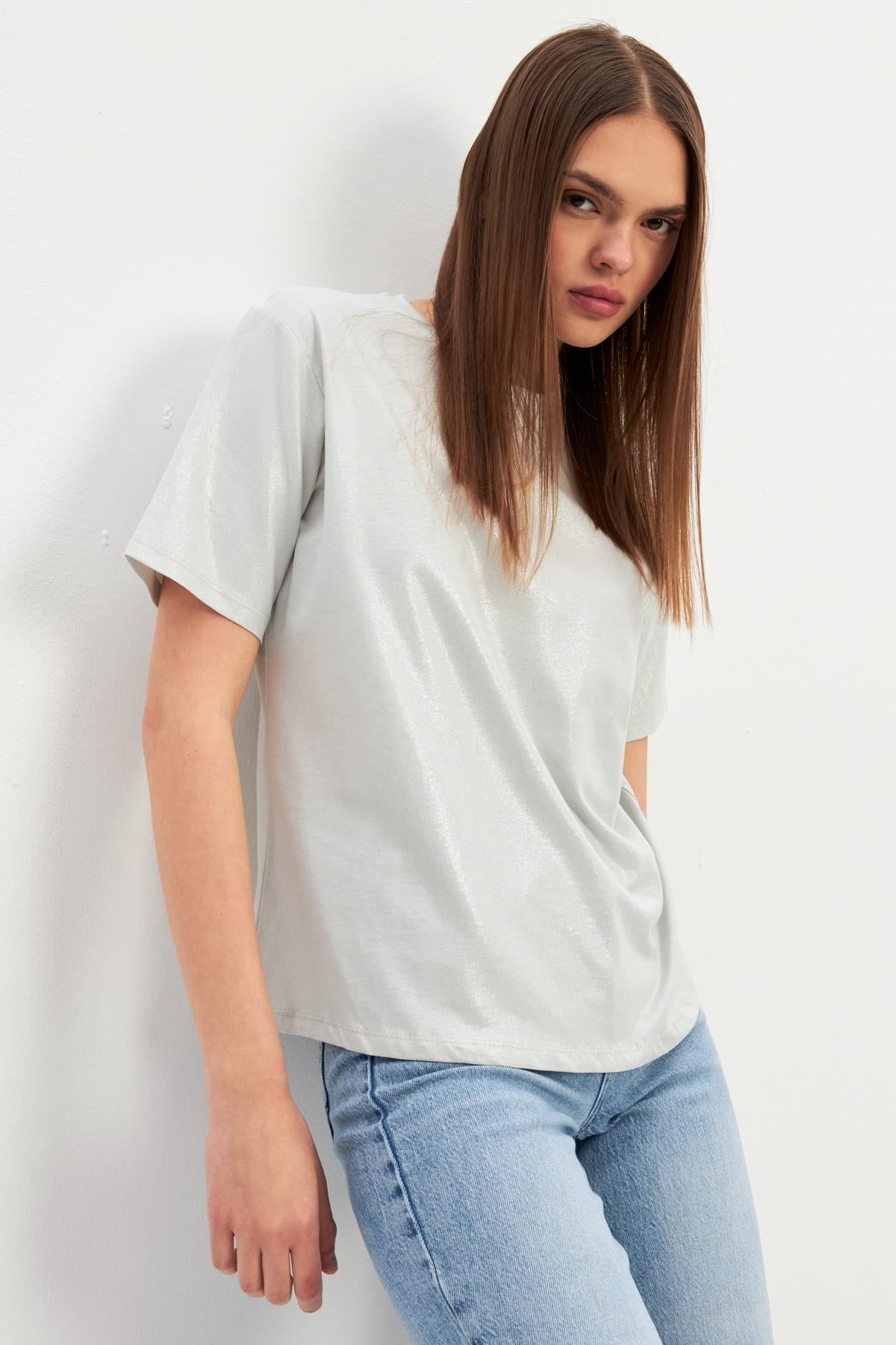 Açık Taş Bisiklet Yaka Basic T-Shirt Kadın T-Shirt modelleri