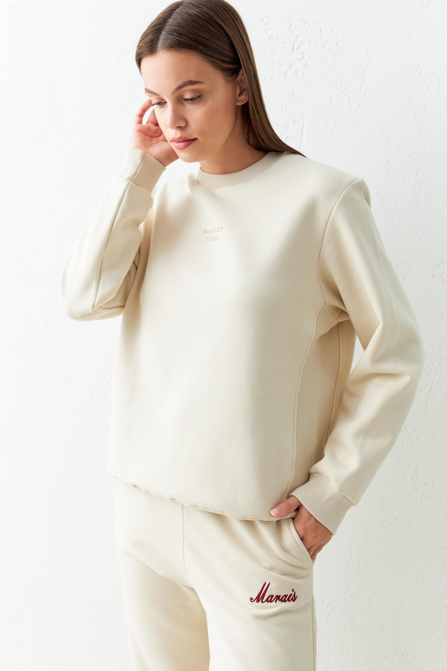 Bej Bisiklet Yaka Baskı Detaylı Şardonlu Uzun Kollu Sweatshirt