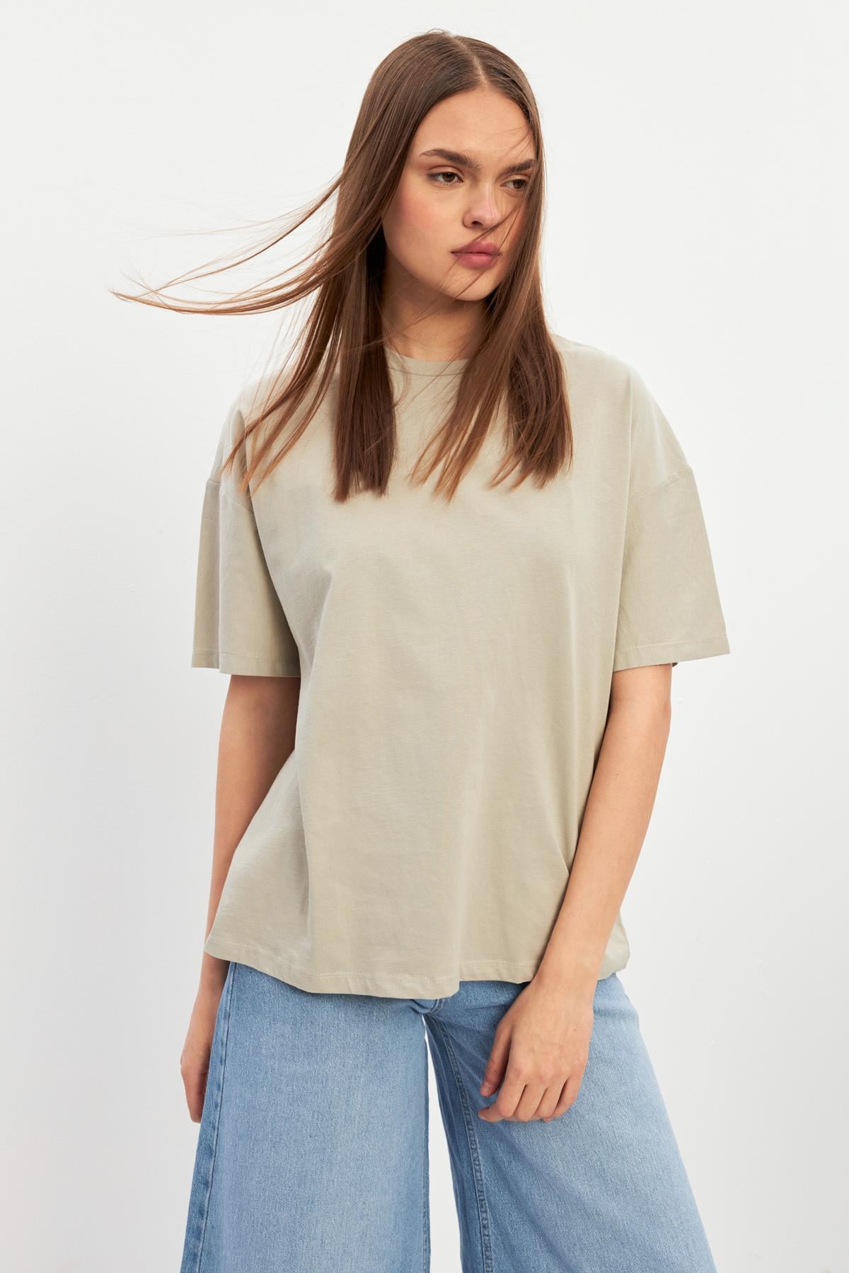 Bej Bisiklet Yaka Oversize Düz T-Shirt Kadın Kategorisiz modelleri
