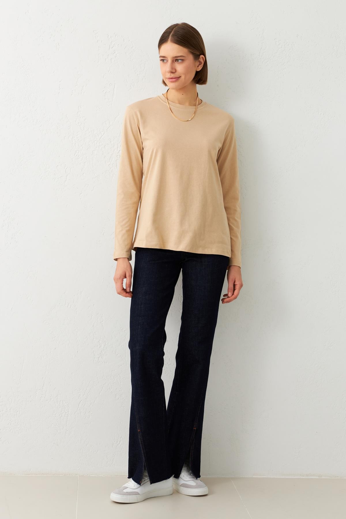 Bej Bisiklet Yaka Uzun Kollu Sweatshirt Kadın Sweatshirt modelleri
