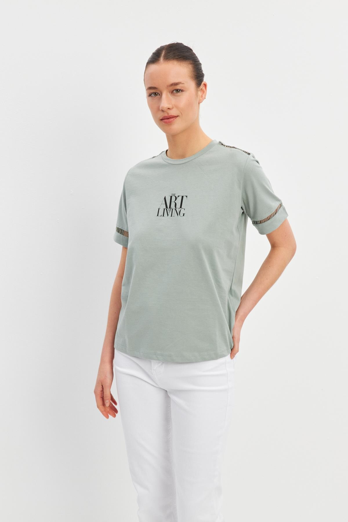 Çağla Baskılı Kol Ve Omuzda Örme Detaylı Bisiklet Yaka T-Shirt Kadın T-Shirt modelleri