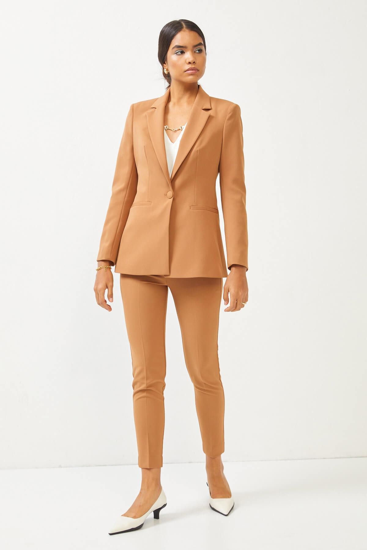 Camel Blazer Ceket Pantolon Takım Kadın Takım Elbise modelleri