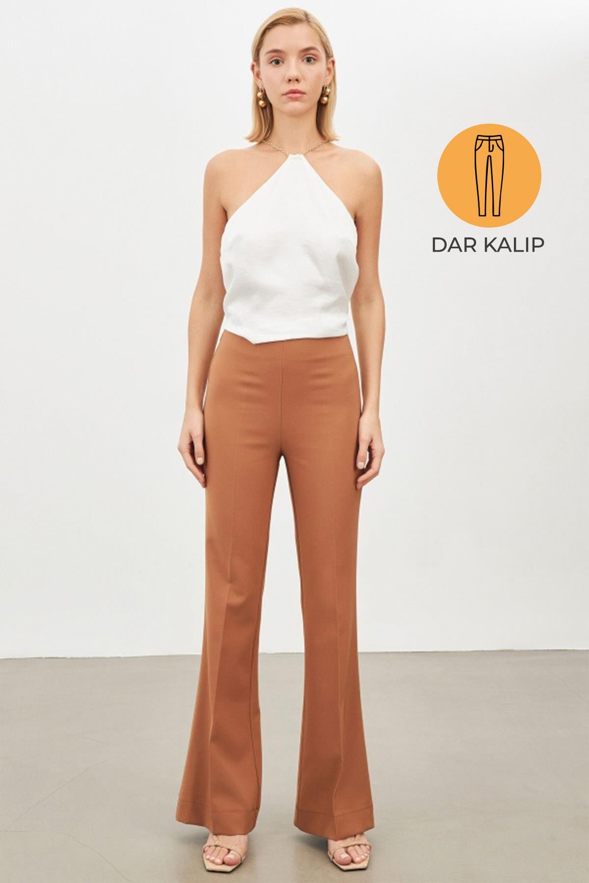 Camel Dar Kalıp Bol Paça Pantolon