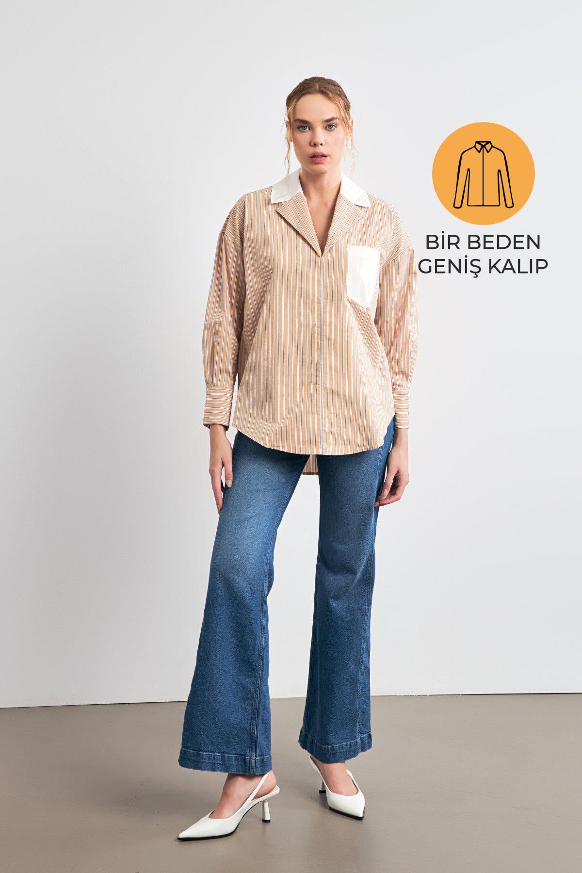 Camel V Yaka Cep Detaylı Çizgili Oversize Gömlek