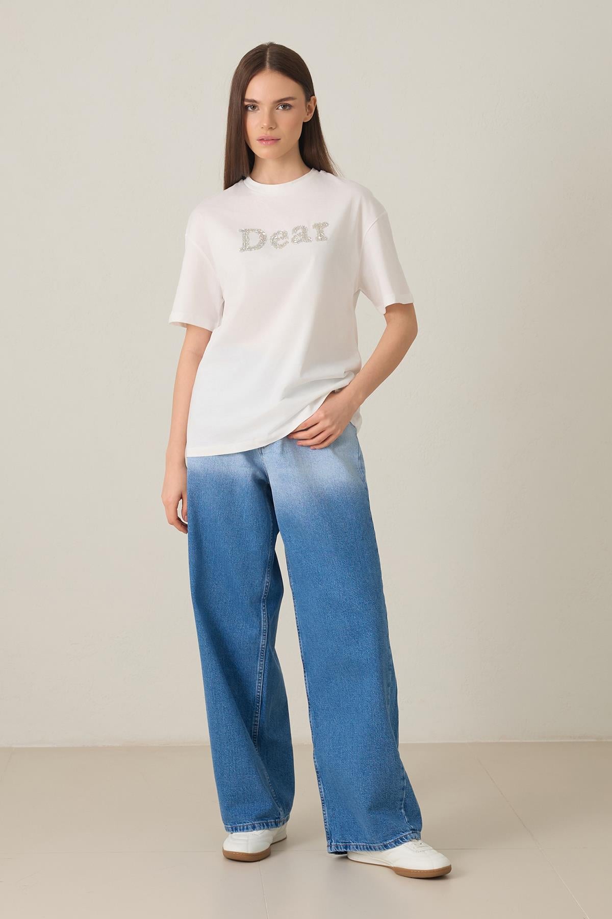 Ekru %100 Pamuklu Kısa Kollu T-Shirt