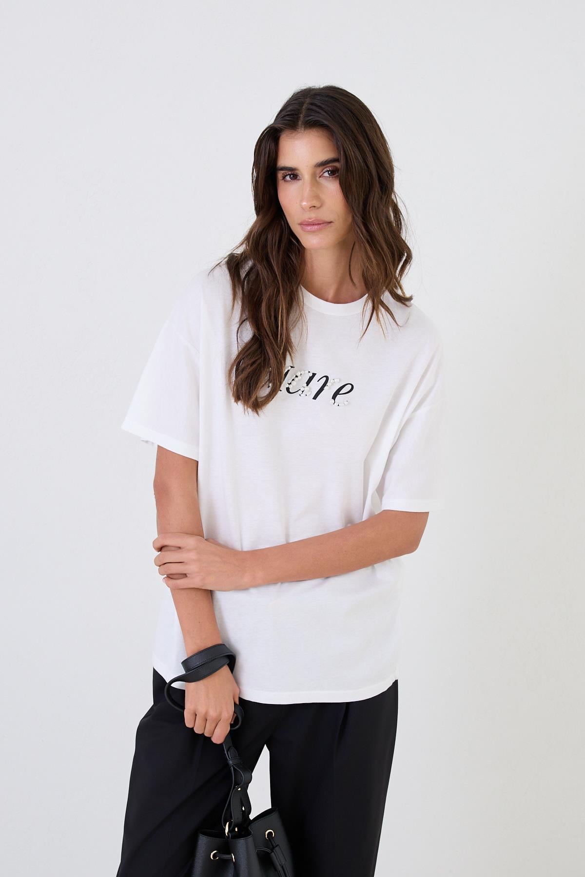 Ekru 2YD2CTS0433 T-SHIRT Kadın T-Shirt modelleri