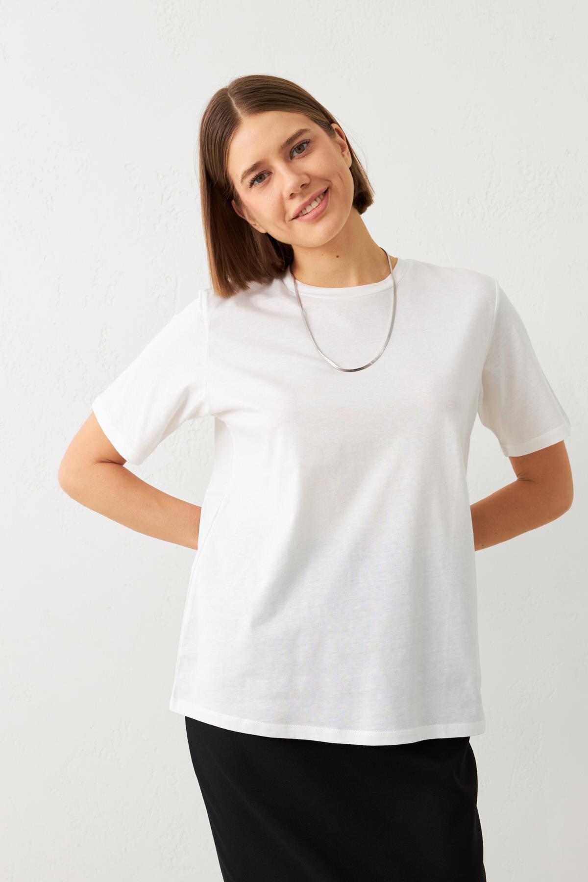 Ekru Bisiklet Yaka Düz T-Shirt