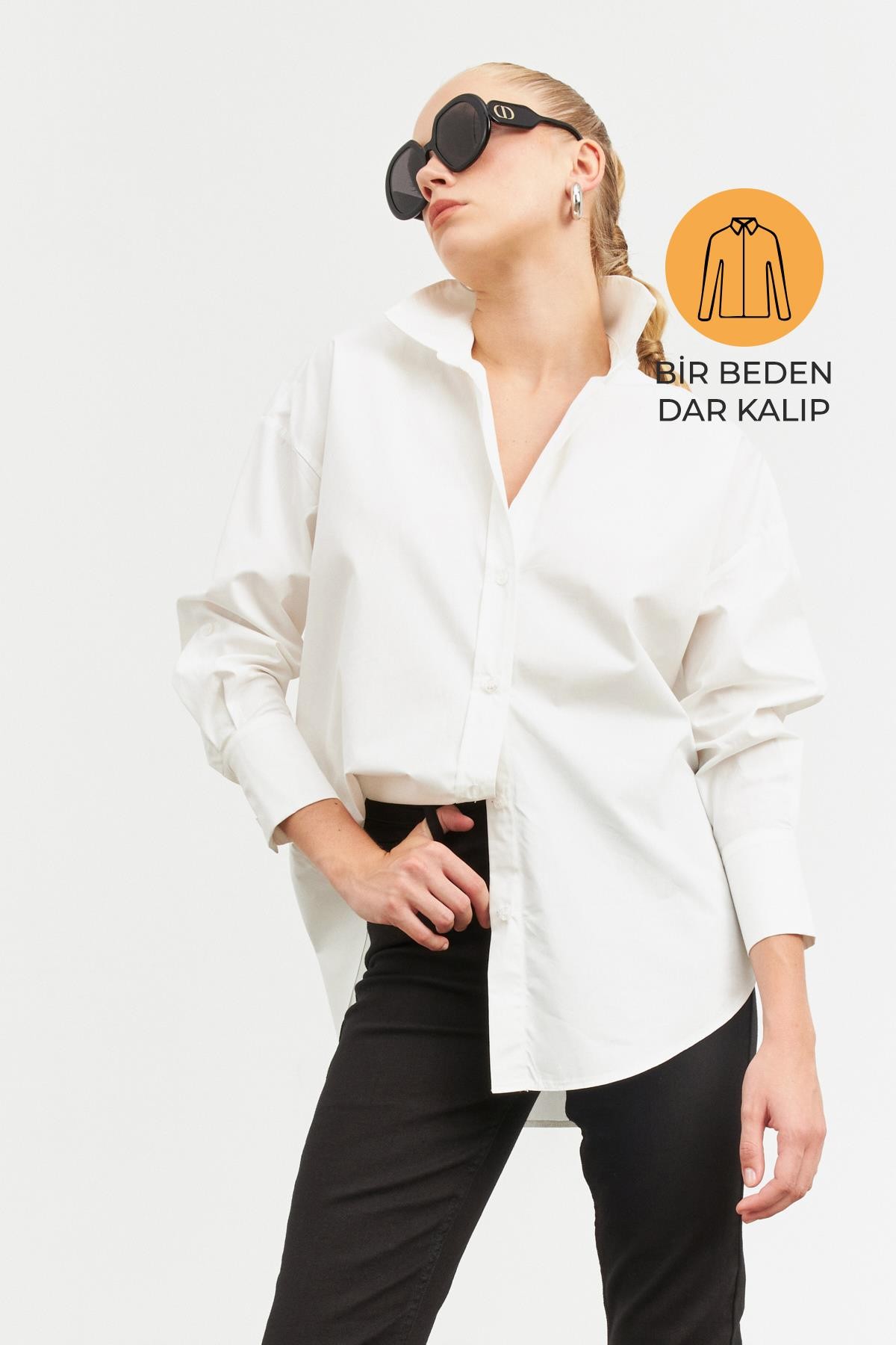 Ekru Dar Kalıp Uzun Kollu Oversize Gömlek