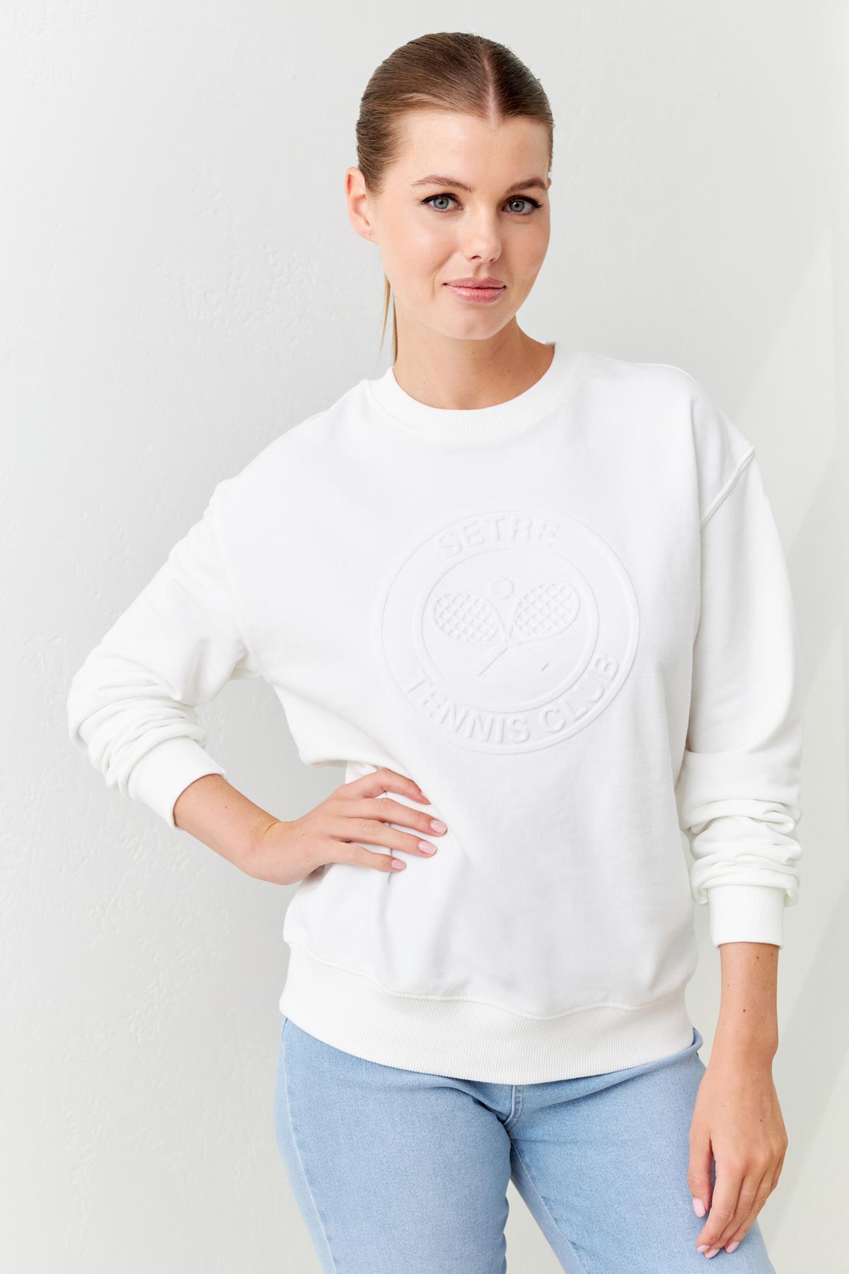 Ekru Omuz Detaylı Bisiklet Yaka Uzun Kollu Sweatshirt