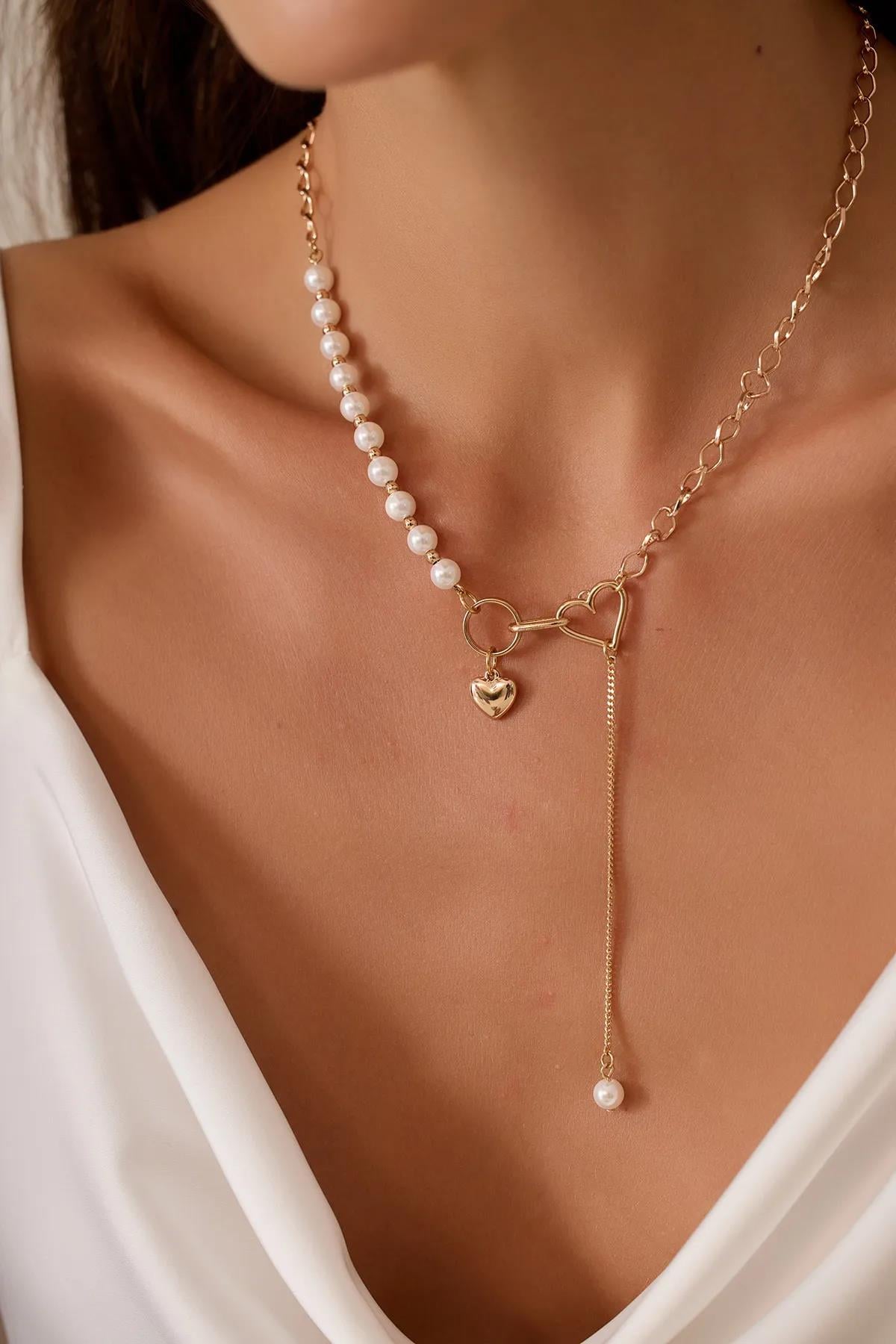 Ekru Tek Tarafı İncili Kalp Kilitli Sallantılı Rose Gold Vıp Kolye Kadın Kategorisiz modelleri