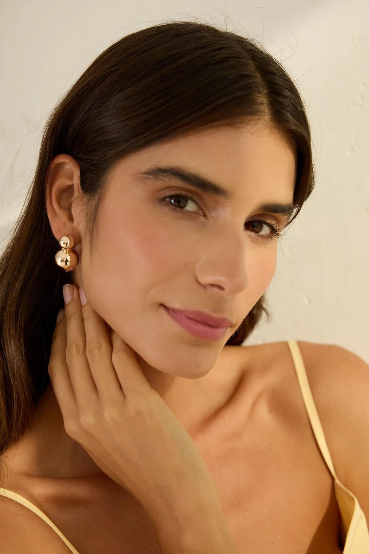 Ekru Vıp Model Rose Gold Çift Top Küpe Kadın Kategorisiz modelleri