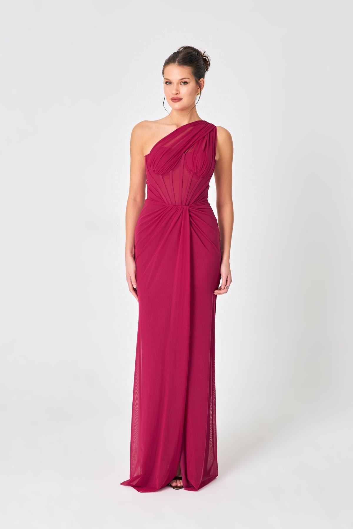 Fuşya Balen Ve Drape Detaylı Tek Omuz Abiye