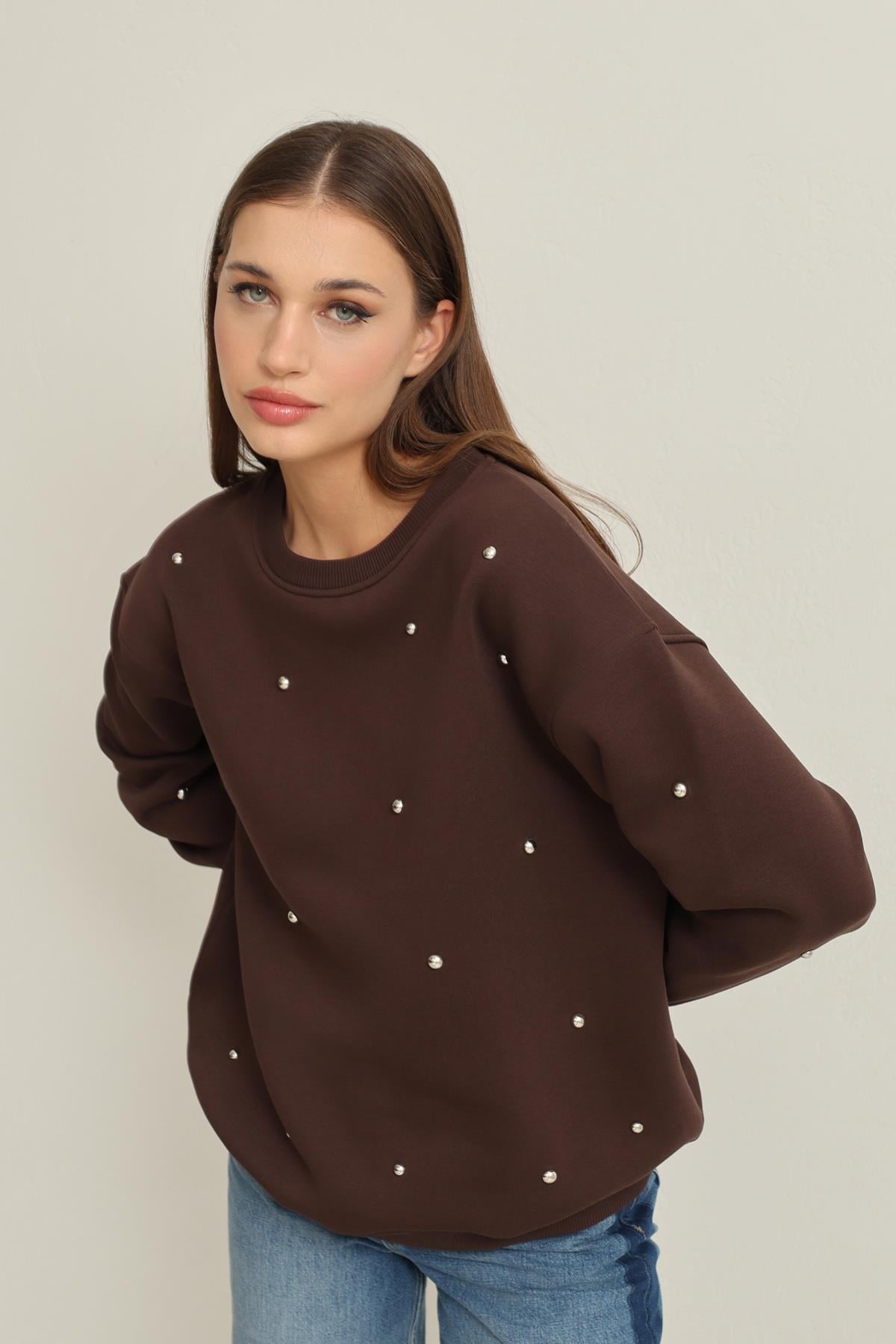 Kahve Bisiklet Yaka Taş Detaylı Uzun Kollu Sweatshirt Kadın Kategorisiz modelleri