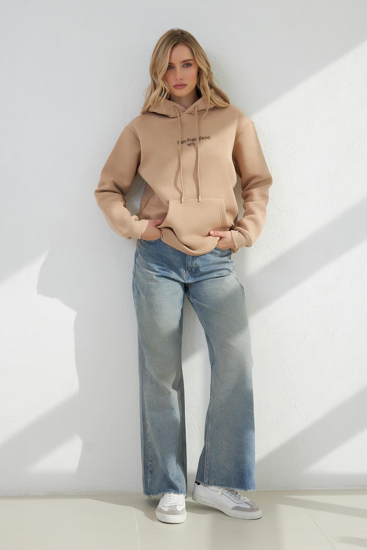 Kahve Cep Ve Kapüşon Detaylı Şardonlu Sweatshirt