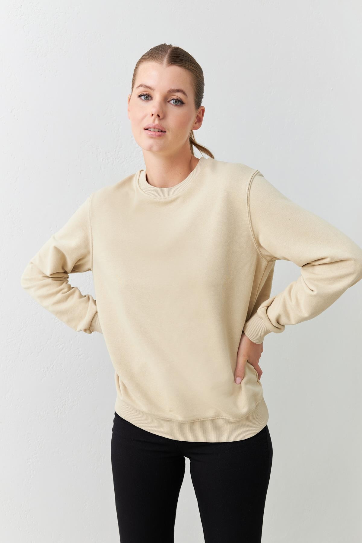 Koyu Bej Basic Bisiklet Yaka Uzun Kollu Sweatshirt